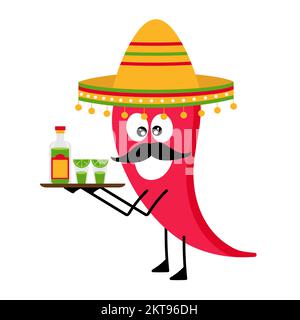 Vektordarstellung mit Chili-Pfeffer. Chili-Pfeffer in Sombrero. Kellner mit einem Tablett Tequila Flaschen und Schnaps mit Limette Stock Vektor