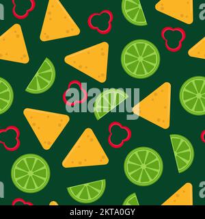 Hintergrund mit Nacho, Limette und Chili auf Grün - nahtloses Muster. Mexikanischer Snack. Muster für Verpackung, Textil, Design Stock Vektor
