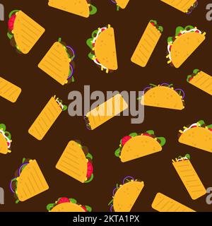Mexikanisches Essen. Tacos, Quesadillas und Burritos – nahtloses Muster auf braunem Hintergrund. Mexikanischer Snack. Muster für Verpackung, Textil, Design Stock Vektor