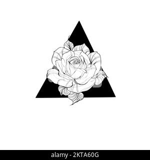 Detaillierte Skizze eines Rosenblüten-Tattoo. Dekorative Elemente für Tätowierungen, Grußkarten, Hochzeitseinladungen mit Gravur. Stockfoto