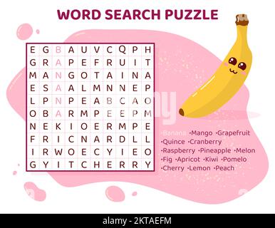 Wortsuche Puzzle mit Früchten und Beeren. Stock Vektor