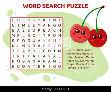 Wortsuche Puzzle mit Früchten und Beeren. Stock Vektor