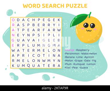 Wortsuche Puzzle mit Früchten und Beeren. Stock Vektor