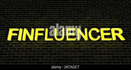 Finfluencer, der leuchtende Text auf dem schwarzen Backsteinhintergrund. 3D-Rendering. Stockfoto