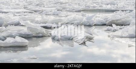 Gefrorene, schneebedeckte Ufer der Donau unterhalb der Festung Petrovaradin, Vojvodina, Novi Sad, Petrovaradin, Serbien. Stockfoto