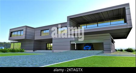 Das blaue Elektroauto verlässt die Garage des zeitgenössischen Vorstadthauses. Stilvoller, geräumiger Balkon. 3D-Rendering. Stockfoto