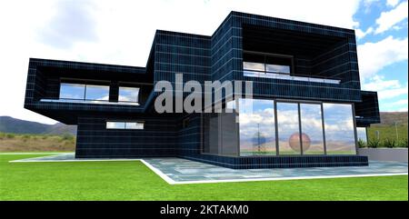 Tolles Vorstadthaus. Futuristischer Style. Fotoelektrische Wandverkleidungen. 3D-Rendering. Stockfoto