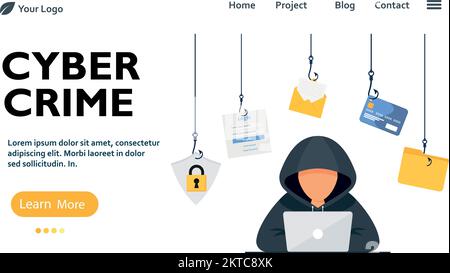 Hacker-Vektorkonzept: Unbekannter Mann stiehlt Daten aus der E-Mail, während er ein Notebook verwendet. Schritt 10 Stock Vektor