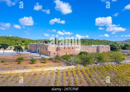 Kloster Arcadi auf der Insel Kreta, Griechenland. Kirche Timios Stavros - Moni Arkadiou in Griechisch. Es handelt sich um einen barocken venezianischen Kirche. Stockfoto