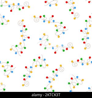 Weihnachten bunte Lichter lockige Kordel nahtloses Muster einfaches, handgezeichnetes Vektorbild, flaches Bild für den Winter Neujahr, Design für Geburtstagsveranstaltungen. Stock Vektor