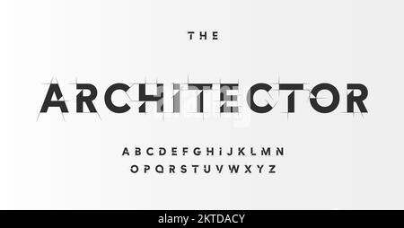 Schriftart des Architekturprojekts, technisches Zeichenstil-Alphabet. Geometrische Typographie. Drahtmodell-Buchstaben, typografisches Design mit Konturen der Auszugsschräge für Stock Vektor