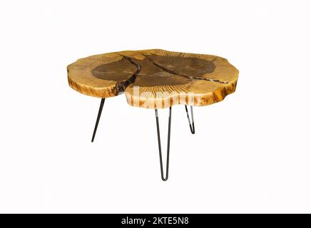 Holztisch im Loft-Stil auf weißem Hintergrund. Innenelement Stockfoto