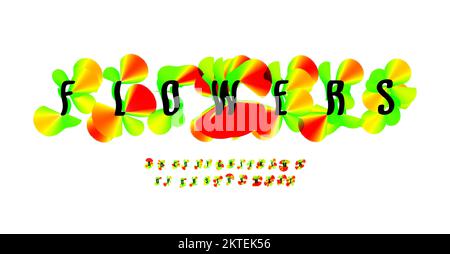 Abstrakte Mohnblumen-Schrift, futuristischer Farbverlauf, Alphabet. Leuchtende farbige Buchstaben mit farbenfrohen Farbspritzen für flüssiges Logo im Kunststil und Monogramm Stock Vektor