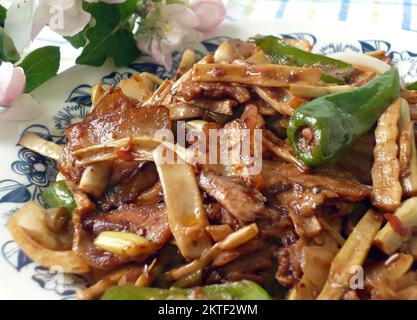 Chinesische Spezialität - doppelt gekochtes Schweinefleisch mit Bambussprossen Stockfoto