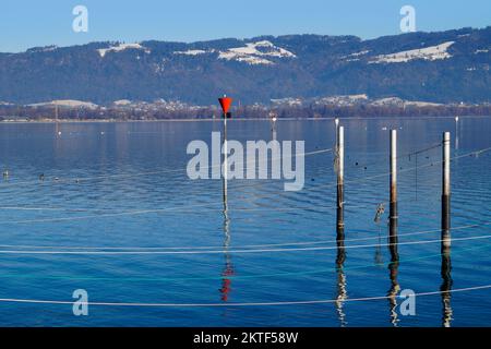 Hafen der Insel Lindau am ruhigen Bodensee oder Bodensee mit den Alpen im Hintergrund an einem schönen Winterabend mit malerischem Himmel Stockfoto