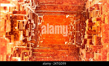 Hypnotischer 3D-Tunnel im Labyrinth. Bewegung. Tauchen Sie ein in 3D Quadratlabyrinth mit Übergängen. Mehrstöckiger Tunnel in 3D Quadratlabyrinth. Stockfoto