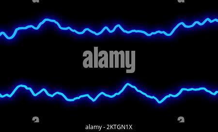 Schwarzer Hintergrund. Design. Zwei blaue sinusförmige Linien in der Bewegungssimulation, die in verschiedene Richtungen schweben. Hochwertige 4K-Aufnahmen Stockfoto