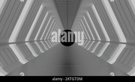 Ein geräumiger, geschlossener Raum mit hellem Schatten. Entwerfen Sie einen hellgrauen Tunnel in Bewegungssimulation, der sich gleichmäßig in verschiedene Richtungen bewegt. Hochwertige 4K-Aufnahmen Stockfoto