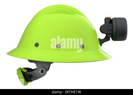 Grüner Schutzhelm oder harte Kappe mit Taschenlampe isoliert auf weißem Hintergrund. 3D Darstellung und Darstellung von Kopfbedeckungen und Handyman-Werkzeugen Stockfoto