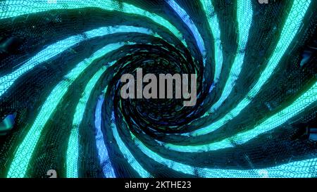 Ein wirbelnder blau-grüner Tunnel. Design. Die Lichtlinien, aus denen sich das Kaleidoskop-Muster zusammensetzt, drehen sich mit hoher Geschwindigkeit in der Abstraktion. Hohe Qualität 4K fo Stockfoto