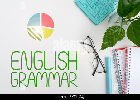 Inspiration mit Zeichen Englisch Grammatik, Kurse zur Geschäftsübersicht decken alle Ebenen des Sprech- und Schreibens in englisch ab Stockfoto