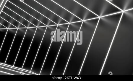 Abstrakter, quadratischer, monochromer beweglicher Tunnel. Design. Weiße quadratische Silhouetten erzeugen eine optische Täuschung Stockfoto