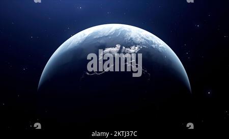 Blaue Hintergrundbeleuchtung mit Blick auf den Boden. Bewegung.Abstraktion auf der Kruste können Sie eine Ansicht des Kosmos und des Planeten Erde sehen, der sich dreht Stockfoto