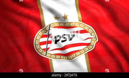 Rot-weißes PSV-Logo. Bewegung. Das Emblem in der Animation des niederländischen Profifußballvereins aus der Stadt Eindhoven. Nur zur Redaktion verwenden. Hoch Stockfoto