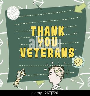 Handschriftlicher Text Danke Veteranen, Geschäftskonzept Ausdruck der Dankbarkeit Grüße der Dankbarkeit Stockfoto