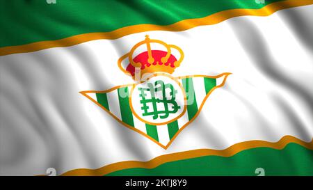 Abstraktes spanisches Profifußballverein-Logo. Bewegung. Echtes Betis-Logo auf einer winkenden Flagge. Nur zur redaktionellen Verwendung Stockfoto