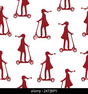 Nahtloses Muster mit Rollerfahrern, die Weihnachtshüte tragen. Weihnachtszwerge, die mit Scootern unterwegs sind. Stock Vektor