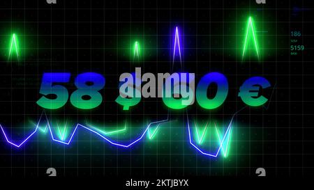 Ein helles Diagramm. Bewegung . Animierte Grafiken in leuchtendem Neon, auf denen der fallende Wechselkurs von Fremdwährungen in Zahlen dargestellt wird. 4K von hoher Qualität Stockfoto