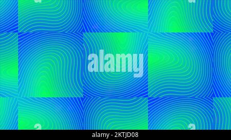 Grüne und blaue Quadrate. Bewegung. Helle Animation mit verschwommenen Quadraten, die wie Hypnose schimmern. Hochwertige 4K-Aufnahmen Stockfoto