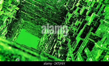 Grüne Pfade von Rechtecken. Bewegung. Lange Pfade kleiner Rechtecke in Bewegungssimulation, die sich von allen Seiten auseinander bewegen. Hochwertige 4K-Aufnahmen Stockfoto