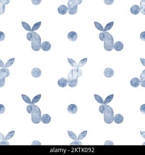 Wasserfarbenes marineblaues, nahtloses Muster mit Kaninchendesign auf weißem Hintergrund. Handgezeichnete Wasserfarben, einfache geometrische zeitgenössische Kunstform, Drucktempel Stockfoto