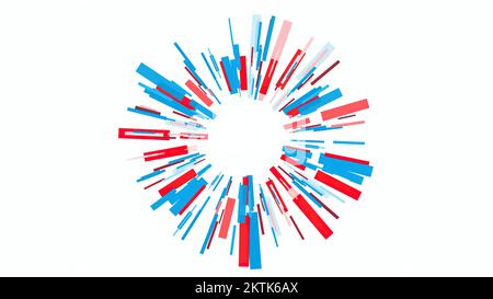 Weißer Hintergrund. Bewegung.lange dünne mehrfarbige Linien, die sich in einem Kreis in Bewegungssimulation drehen. Hochwertige 4K-Aufnahmen Stockfoto