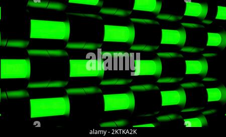 Abstrakte Wand mit beweglichen Elementen entlang beleuchteter Röhren. Design. Industrieller Hintergrund mit einer Wand paralleler horizontaler Lampen Stockfoto