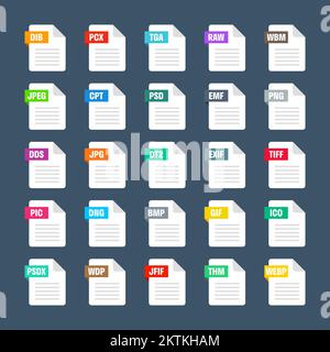 Gängige Systemdateiformate. Dokumenttypen und Erweiterungen. Flache Ikonen-Kollektion. Dokument-Piktogramm, Web-Design-UI-Element, Vorlage. Computer Stock Vektor