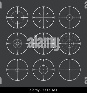 Verschiedene Scharfschützengewehr Visiere, Waffe optischen Scope Fadenkreuz. Sucher für Jagdwaffen. Symbol für das Aufschießzeichen, zielen. Militärisches Zielschild. Spieloberfläche Stock Vektor
