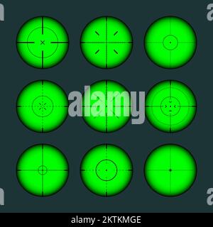 Verschiedene Waffen Nachtsicht, Scharfschützengewehr optische Scopes. Jagdgewehr-Sucher mit Fadenkreuz. Ziel, schießen Marke Symbol. Militärisches Zielschild Stock Vektor