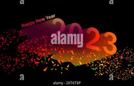 Frohes neues Jahr 2023. Mit 3D-Effekt und farbenfrohem dunklem Hintergrund. Stock Vektor