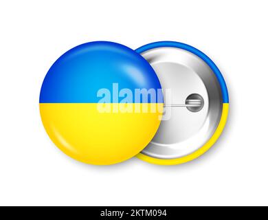 Realistisches Knopfabzeichen mit bedruckter ukrainischer Flagge. Souvenir aus der Ukraine. Glänzendes Pin-Emblem mit glänzendem Metallverschluss. Produktmockup für Werbung und Stock Vektor