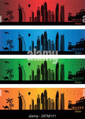 Dubai Stadt in vier verschiedenen Farben - Illustration, Stadt in Farben Hintergrund, Stadt Dubai Stock Vektor