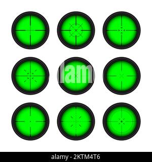 Verschiedene Waffen Nachtsicht, Scharfschützengewehr optische Scopes. Jagdgewehr-Sucher mit Fadenkreuz. Ziel, schießen Marke Symbol. Militärisches Zielschild Stock Vektor