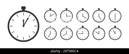 Chronometer-Symbole. Countdown-Timer oder Stoppuhrsymbole eingestellt. Uhren mit unterschiedlichen Minutenintervallen. Infografik für Kochunterricht oder Sportspiel. Grafische Vektordarstellung Stock Vektor