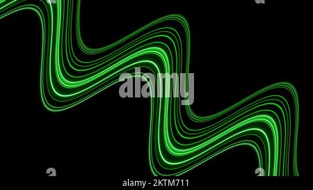Grüne Zickzack-Streifen, die isoliert auf schwarzem Hintergrund fließen. Design. Bewegliche, gebogene Streifen Stockfoto