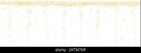 Hintergrund des Goldenen Bubbles-Streams. Kohlensäurehaltige Wasseroberfläche. Kohlensaft, Bier, Limonade, Prosecco, seltzer, Champagner-Konsistenz. Vektor-realistische Darstellung. Stock Vektor