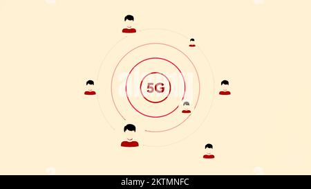 Digitales 5G-Netzwerkkonzept. Bewegung. 5G Highspeed-Internet-Netz, Kommunikationssignal verbreitet sich unter Ikonen von Menschen, Technologie für Internet Stockfoto