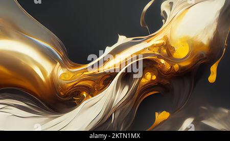 Abstrakter Hintergrund mit bernsteinfarbener und goldener Lackierung. Fließende Formen, dynamische Komposition. Konstruktionselement. Stockfoto