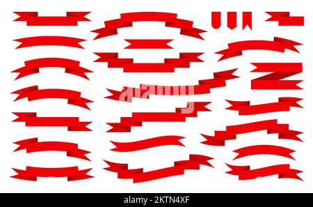 Rotes Band, flaches Set. Leeres Bandbanner für Werbeaktion, Verkaufstext, Überschrift, Titeldekoration, Abzeichen, Emblem, Rahmen. Gewellte Schriftbänder. Elegante Retro-Flagge, Hintergrund Streifen Stock Vektor